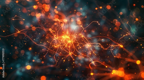 A computer generated image of a network of orange and blue lines. The image has a futuristic and abstract feel to it
