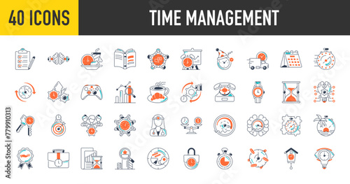 Time management icon set. Such as calendar, watch, overtime, planning, deadline, stopwatch, hourglass, metronome, delay, punctuality, business vector icons illustration.	
