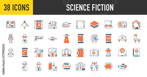 Science fiction icons. Such as comic, spaceship, dimensions, tank, samples, blog, green screen, teleportation, movie, healing, ufo, spy, blaster, alien, android vector icon illustration.