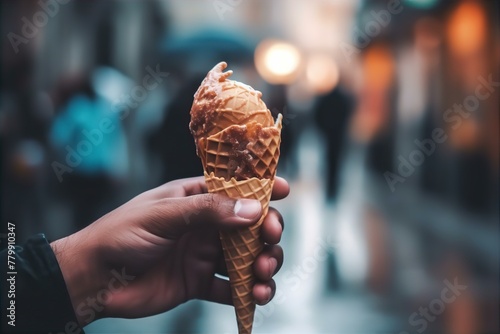 hand, melting, ice, cream, cone, street, food, summer, sweet, dessert, outdoor, city, holding, delicious photo