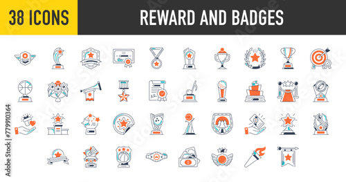 Reward and badge icons set. Such as award, number, trophy cup, winner medal, coupon, gift, archery, music, champion, belt, bowling, ribbon, diploma, badminton, star vector icon illustration.