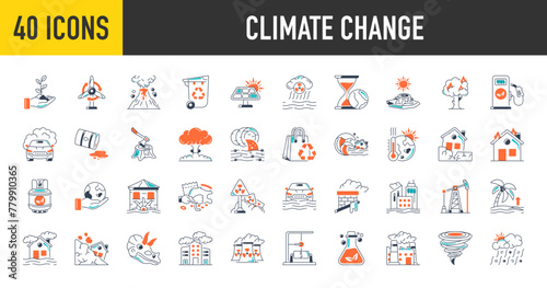 Climate change icon. Such as global warming, greenhouse, melting ice, oil, explosion, tsunami, fuels, world, recycle, bag, planting, flood, water earth, pollution, disaster vector icons illustration.