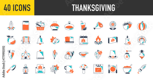Set of thanksgiving Icons. Such as funny pilgrims, native american, turkey, animals, harvest, calendar, plate, church, hat, knife, lantern, cornucopia, pumpkins, trees more vector icon illustration. 