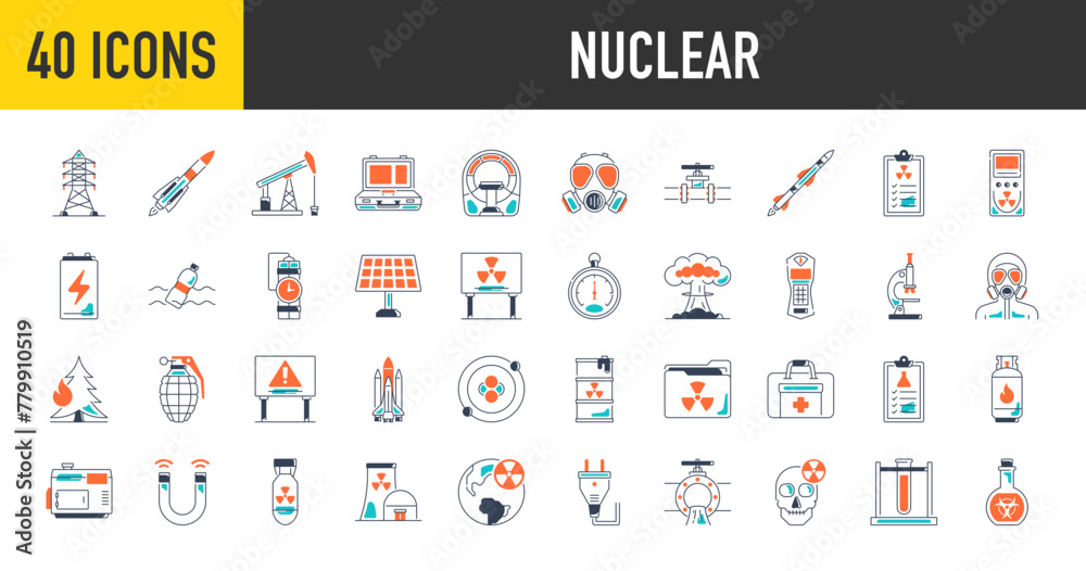 Nuclear and energy icon set. Such as tower, gas mask, suitcase, pipeline, tank, hazmat, fuel, danger, missile, formula, dosimeter, explosio, generator electricity weapon vector icons illustration.