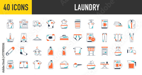 Laundry icons set. Such as dry cleaning, detergent, basket, service, washing machine, trolley, weighing scale, dryer, rowel, tshirt, brush, dress, iron, powder vector icon. photo