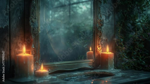 A mystical mirror with a female reflection in the candlelight photo