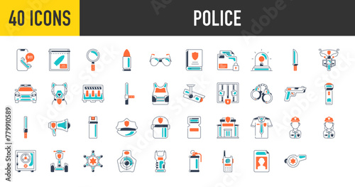 Police icon set. Such as car, dog, gun, police station, walkie talkie, bike, handcuffs and emergency call, whistle, hat, helmet, shield, uniform, station, badge, officer vector icons illustration.	