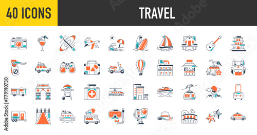 Travel icon set. Such as summer vacation, holiday, tickets, suitcase, camera, hotel, beach, airplane, historical place, mountain, surf board more vector icons illustration.