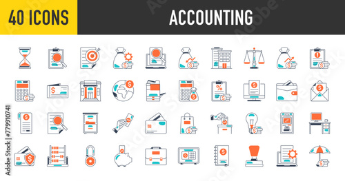 Accounting income, salary, money, bank, brief case, stamp, xerox machine, business. Icon collection. Vector icon illustration.
