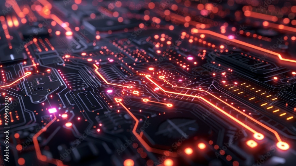 A close up of a circuit board with many small orange lights. Concept of complexity and sophistication, as well as a futuristic or technological vibe. The bright orange lights create a sense of energy