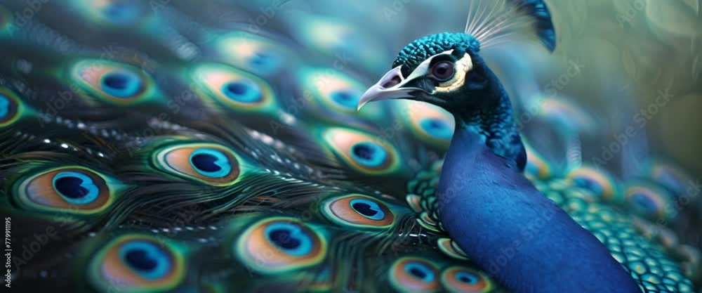 Close-up on a peacock's tail, a spectrum of blues and greens,