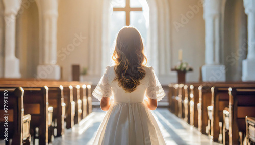 Girl in white communion dress prays in a church