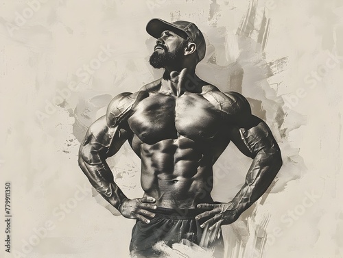Muscular male bodybuilder flexing and displaying well defined physique during posing routine illustrating strength power and athletic prowess