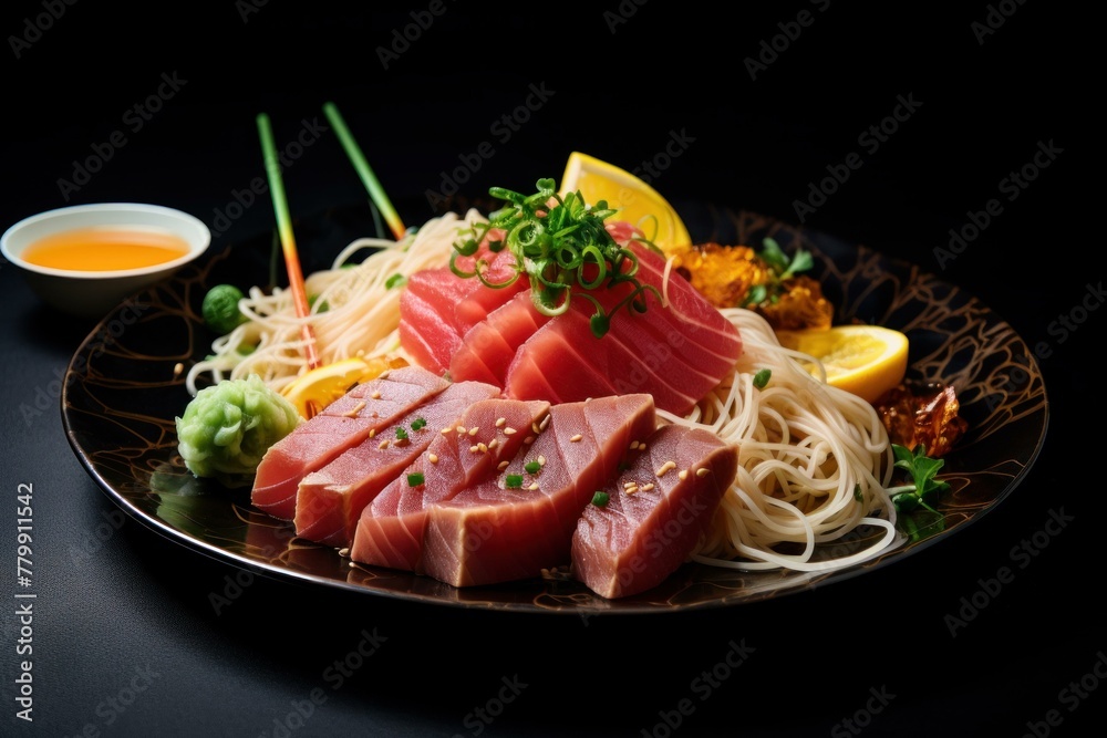 Colorful Sashimi tuna noodles. Meal cuisine dish. Generate Ai Colorful Sashimi tuna noodles. Meal cuisine dish. Generate Ai