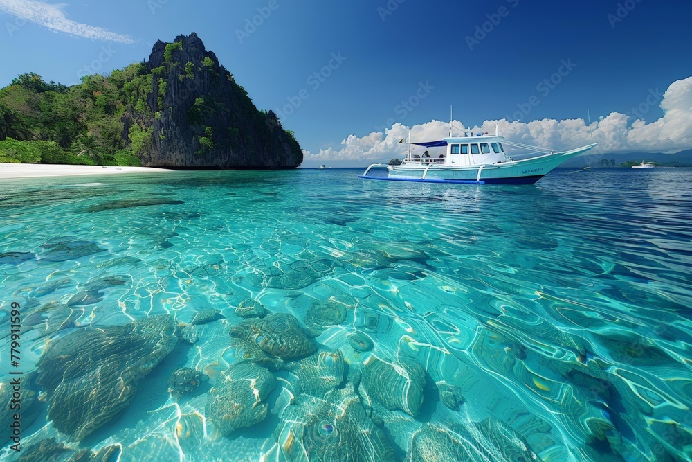 Fototapeta premium Crystal waters reveal coral gardens beneath, with a boat docked by a verdant cliff island under azure skies. while a marine vessel rests near a lush mountainous isle on a clear day.