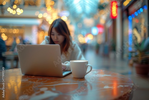 Focused individual works on laptop in vibrant cafe, cup of coffee nearby, blurred lights creating cozy atmosphere. Concentrated person types on computer, warm mug sits on table,