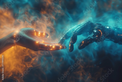 Human fingers illuminated, reaching towards robotic hand aglow, a dance of organic and synthetic in blue haze. Lit human digits extend to meet glowing mechanical hand, interplay of natural