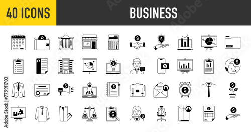 Business icons set. Such as finance, money, bank, contact, infographic, report, graph, briefcase, portfolio, deal, coin, b2b, statistics, agreement, payment, worldwide, mail, meeting vector icon