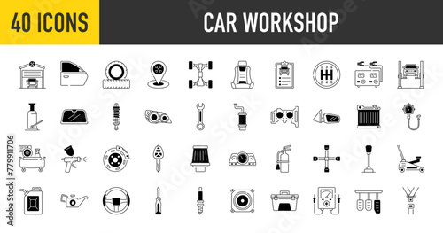 Car workshop icons set. Such as auto, automobile, door, charger, air compressor, windshield, fire, location, radiator, paint spray, head light, oil, toolbox, pedals , inspection vector icon.
