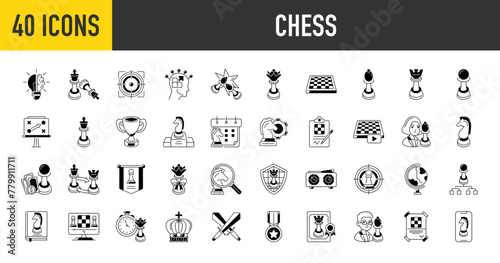 Chess vector icons set. Such as queen, strategy, checkmate, lose, board, clock, player, king, rock, pawn, castling, clipboard, gift, knight, schedule , shield, tournament, tutorials, award, flag icon.