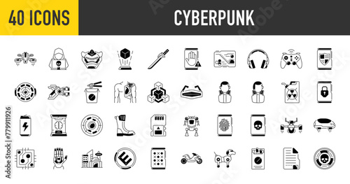 Cyber punk icon set. Such as protection, secured network, drone, mask, screen, noodles, gun, implant, hand, database, headphone, corporate, aircraft, katana, hacker technology vector illustration.  © Vector Market