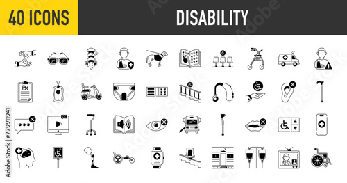 Disability icon set. Such as anatomy, stairs, diaper, rollator, tactile paving, wheelchair, guide dog, cane, seat, sunglasses, braille, ramp, audio book, tv, racing, insurance, language vector icons
