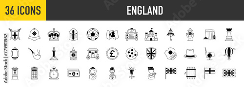 England icon set. Such as british pound, united kingdom, london, crown, shield, rugby ball, hat, warrior, post stamp, watch, cash, map, balloon, mailbox, barrel, taxi, queen, flag, coin, vector icons.