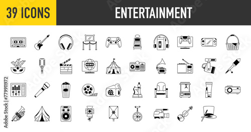 Entertainment icons set. Such as guitar, cinema, microphone, chess, headphones, picnic, basket, television, game, fireworks, radio, music, art, gallery, circus, clapperboard, claw vector illustration	