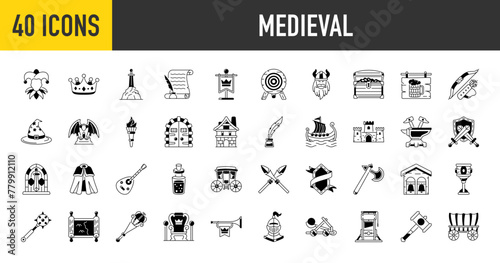 Medieval vector icons set. Such as knight, castle, crown, jester, manuscript, flag, tavern, treasure chest, anvil, ship, carriage, armour, axe, bell, bow, arrow, sword, goblet icon illustration. 