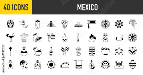 Mexico culture icons set. Such as dia de los muertos, wrestler, pinata, pyramid, taco, chili pepper, calendar, coin, hat, vase, avocado, balero, burrito, cactus, candle mexican vector illustration.	