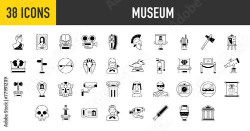 Museum vector icons. Such as tourist group, sculpture, art gallery, fossil, book, stand, audio guide,  barrier, ticket, abstract, diamond, dinosaur, mask, publication, sculpture, skull, sword icon.