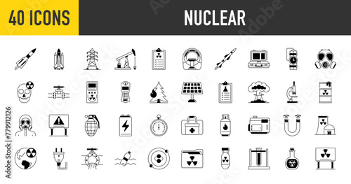 Nuclear and energy icon set. Such as tower, gas mask, suitcase, pipeline, tank, first aid kit, hazmat, fuel, danger, missile, formula, dosimeter, explosio, generator electricity weapon vector icons
