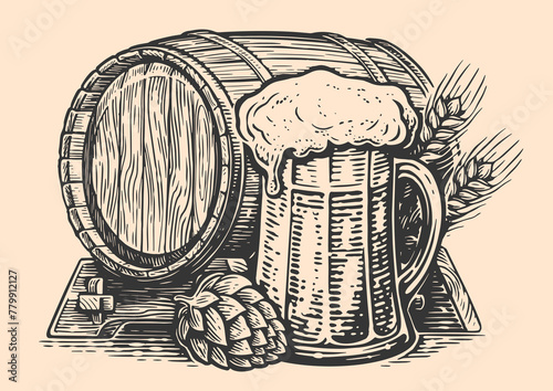 Mug and barrel of beer. Hand drawn sketch style. Pub, brewery vector illustration © ~ Bitter ~