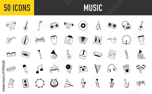 Music instrument icons set. Such as strings, winds, keyboards, percussion, guitar, equalizer, store, dj controller, casette, app, drumstick, cymbals, saxophone, earphones icon vector illustration