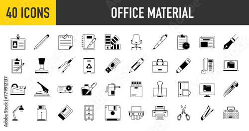 Office material icons. Such as glue, notebook, material, pen, scissors, stapler, ruler, eraser. Office tools and equipment vector icon set for education. Stationers shop accessories	
