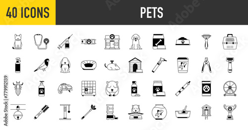 Pet, vet, pet shop, types of pets icon set. Such as litter box, veterinary, cat, fish, bowl, vaccine, carrier, anti bug, collar, shampoo, bed, grooming rake, lice, dog food vector illustration.	
