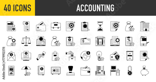 Set of icon related to accounting income, salary, money, bank, brief case, stamp, xerox machine, business. Icon collection. Vector illustration
