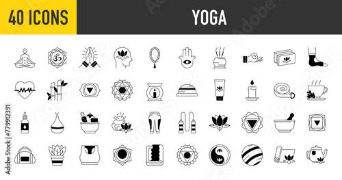 Yoga and meditation practice vector icons set. Such as relaxation, inner peace, self-knowledge, inner concentration, spiritual practice and more icon illustration.