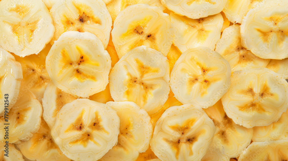 Sliced ripe bananas arranged neatly on a light surface showcasing their bright yellow color and distinctive texture Sliced ripe bananas arranged neatly on a light surface showcasing their bright yellow color and distinctive texture