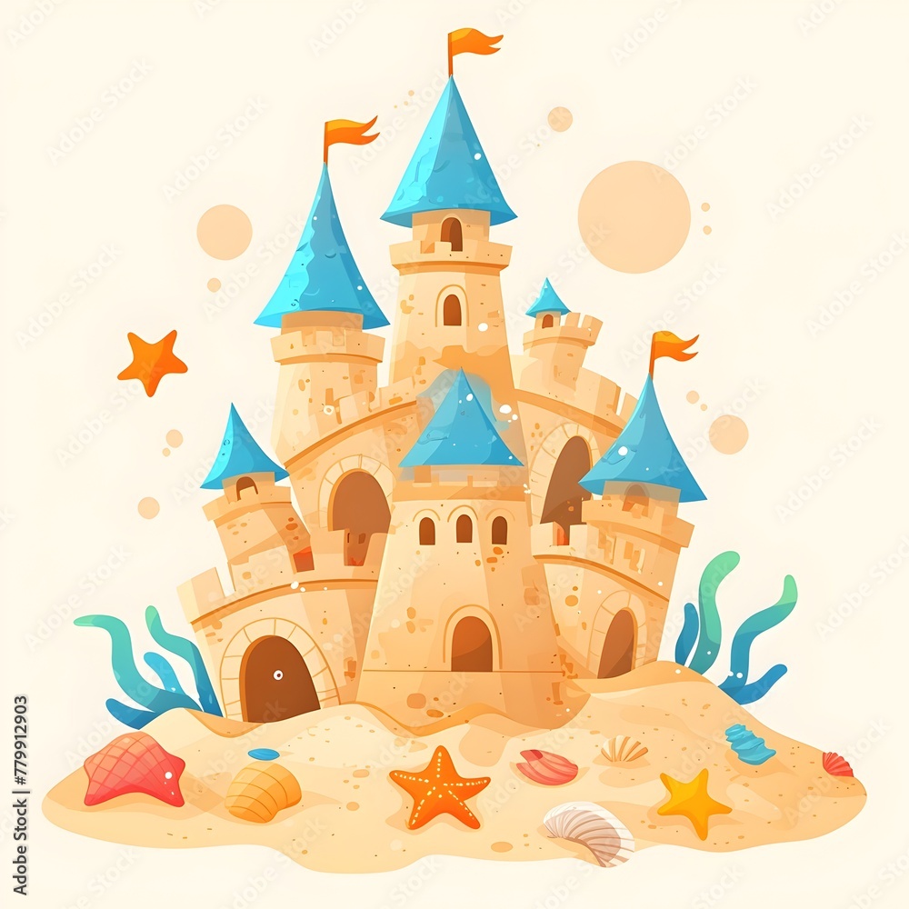 Enchanting Sandcastle Adorned with Seashells and Seaweed at the Seaside Enchanting Sandcastle Adorned with Seashells and Seaweed at the Seaside
