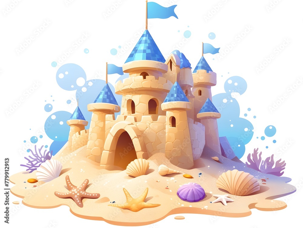 Fototapeta premium Enchanting Sandcastle Adorned with Seashell Flags in Idyllic Coastal Landscape
