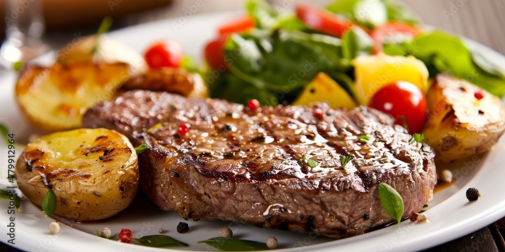 beef steak with baked potatoes, herbs, garlic, side salad beef steak with baked potatoes, herbs, garlic, side salad