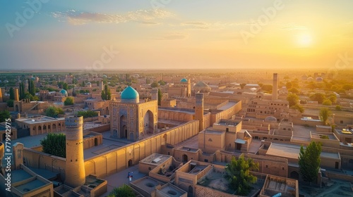 Aerial view of the ancient city of Khiva, Uzbekistan. It has been restored under photo