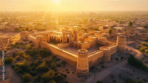 Aerial view of the ancient city of Khiva, Uzbekistan. It has been restored under
