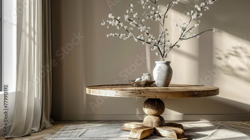 White branches in paunchy vase on round old wooden brown table against empty gray wall. Natural side lighting from window, blurred shadows. Minimalistic interior. Scandinavian style. Copy space. photo