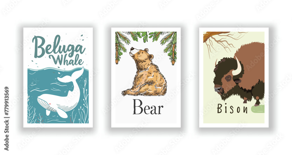 Wildlife and Nature Cards - Bear, Beluga Whale, Bison, Hand drawn cute Fox flyer. Vector illustration