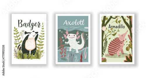 Wildlife and Nature Cards - Badger, Axolotl, Armadillo, Hand drawn cute Fox flyer. Vector illustration