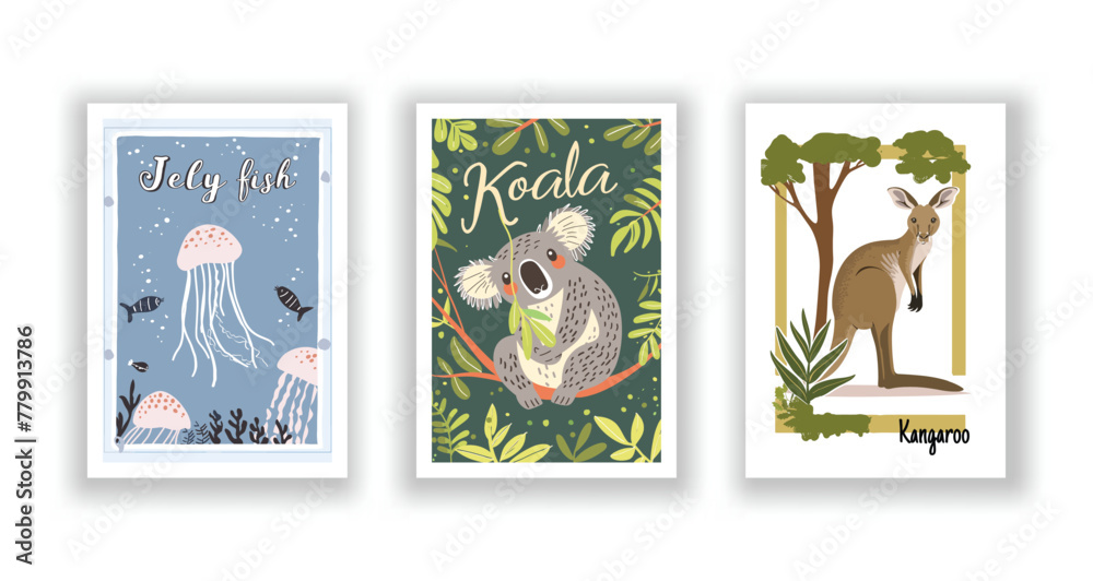 Wildlife and Nature Cards - Jellyfish, Kangaroo, Koala, Hand drawn cute Fox flyer. Vector illustration