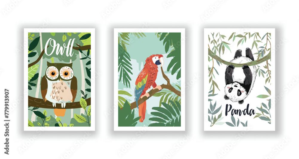 Wildlife and Nature Cards - Owl, Panda, Parrot, Hand drawn cute Fox flyer. Vector illustration Wildlife and Nature Cards - Owl, Panda, Parrot, Hand drawn cute Fox flyer. Vector illustration
