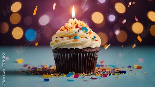 A vibrant birthday cupcake featuring confetti  candy  and a candle on a bokeh background